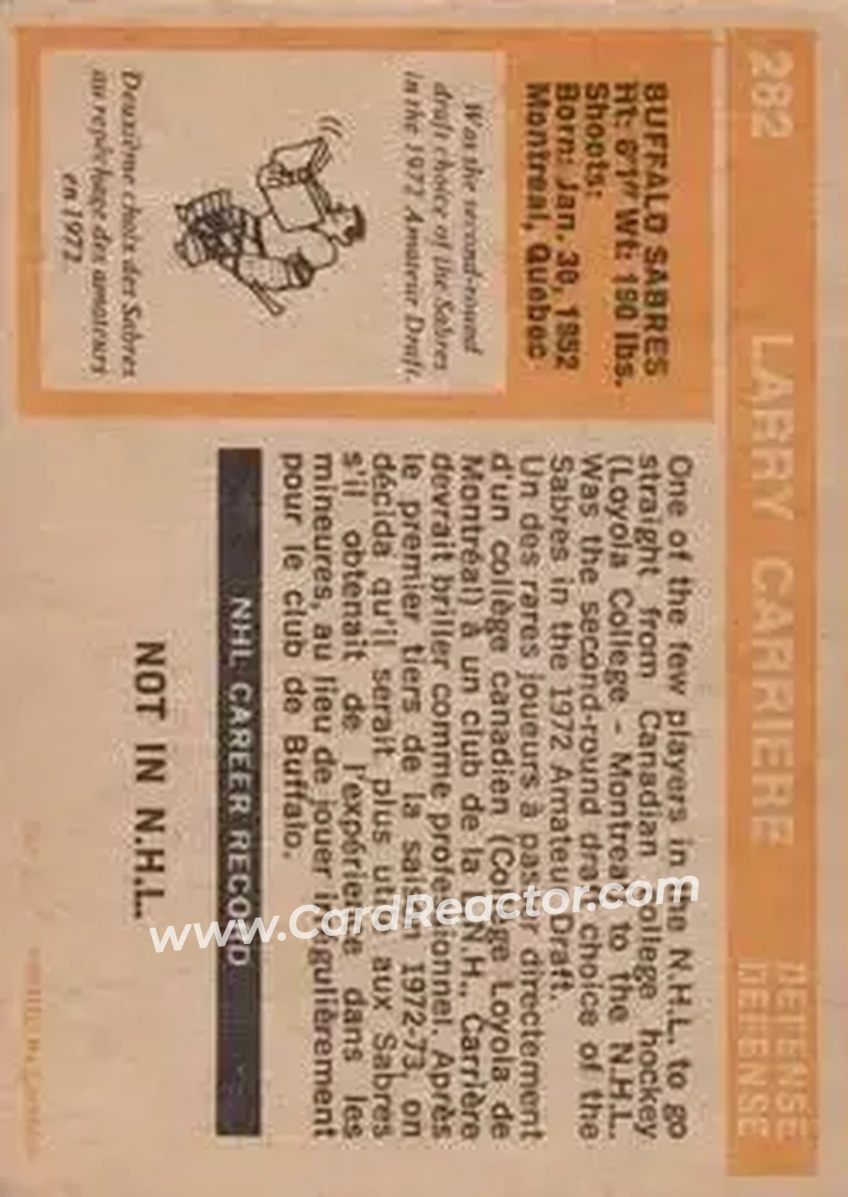 1972-73 O-Pee-Chee #282 - Larry Carriere - Buffalo Sabres - Back