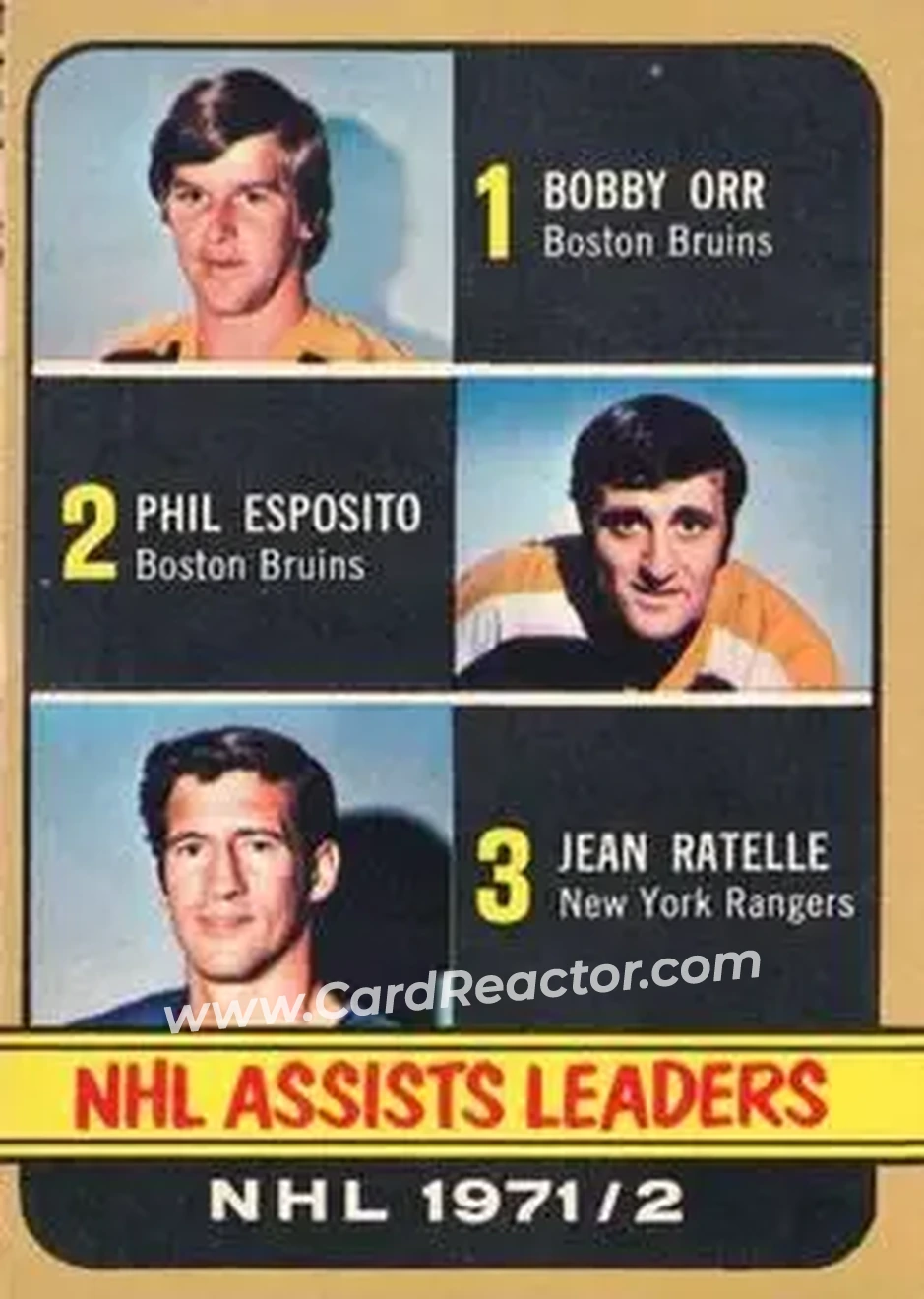 1972-73 O-Pee-Chee #283 - NHL Assists Leaders (Bobby Orr - Phil Esposito - Jean Ratelle) LL - Boston Bruins - New York Rangers - Front