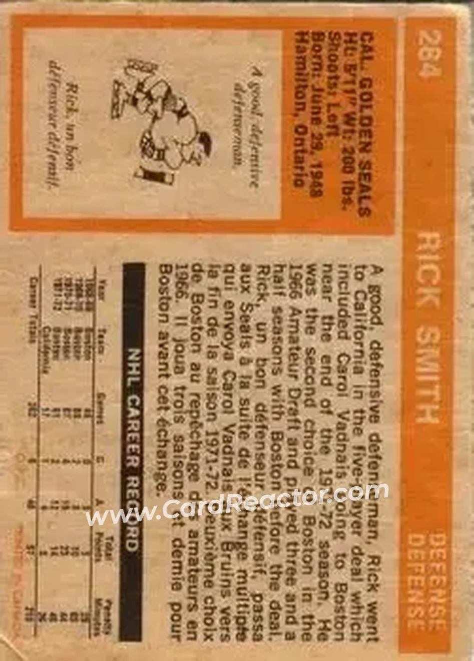 1972-73 O-Pee-Chee #284 - Rick Smith - California Golden Seals - Back