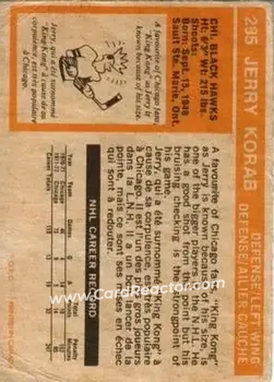 1972-73 O-Pee-Chee #285 - Jerry Korab - Chicago Blackhawks - Back