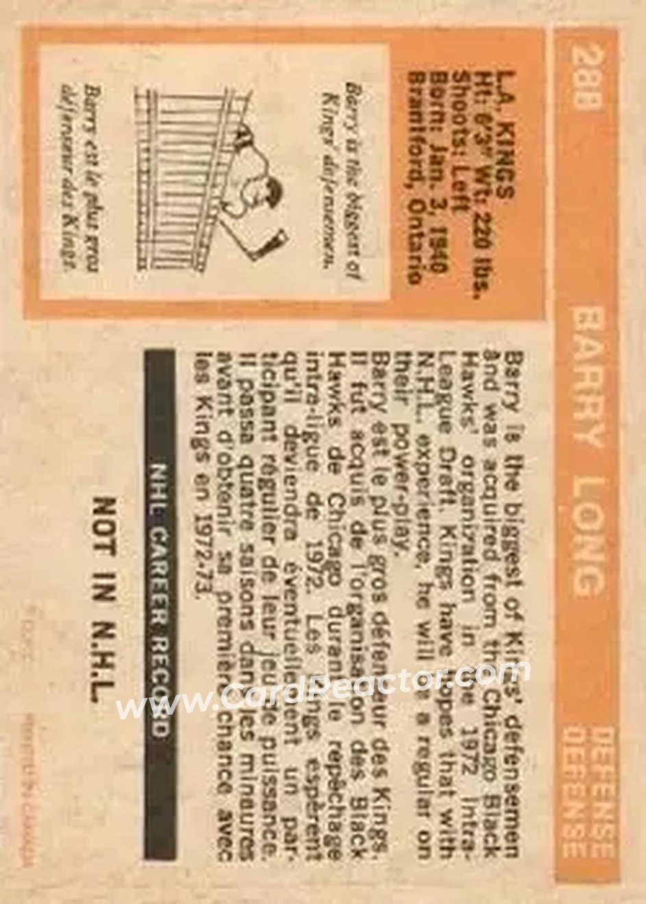 1972-73 O-Pee-Chee #288 - Barry Long - Los Angeles Kings - Back 1972-73 O-Pee-Chee #288 - Barry Long - Los Angeles Kings - Back