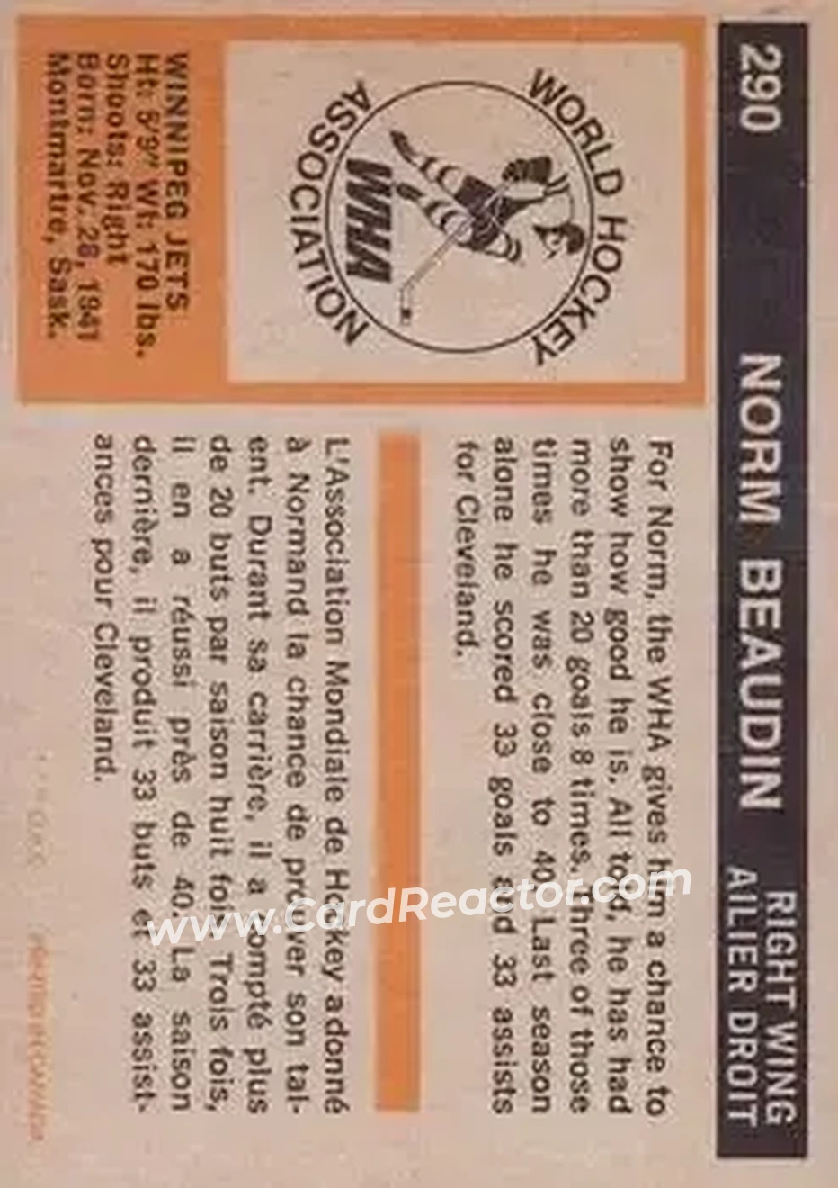 1972-73 O-Pee-Chee #290 - Norm Beaudin - Winnipeg Jets - Back 1972-73 O-Pee-Chee #290 - Norm Beaudin - Winnipeg Jets - Back