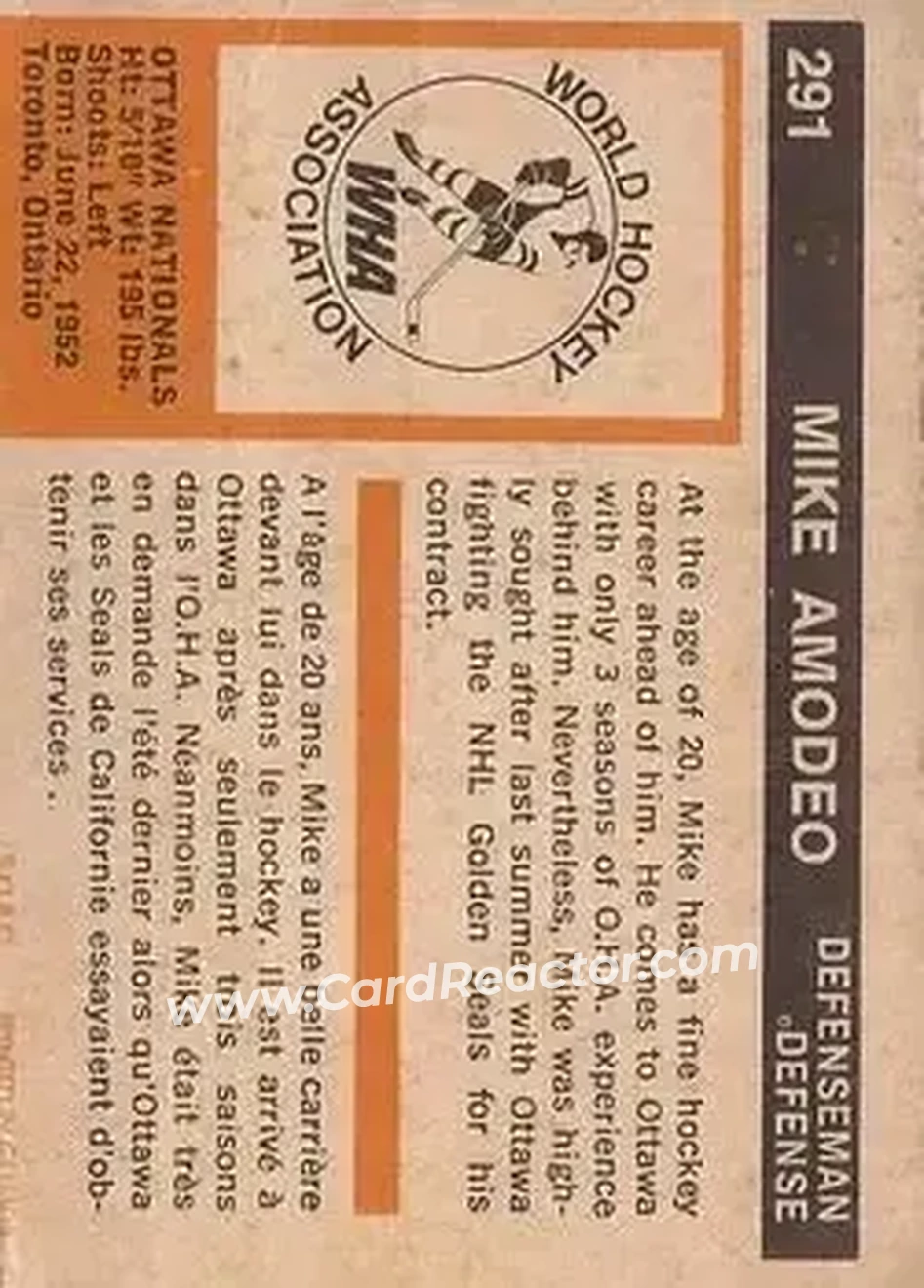 1972-73 O-Pee-Chee #291 - Mike Amodeo - Ottawa Nationals - Back