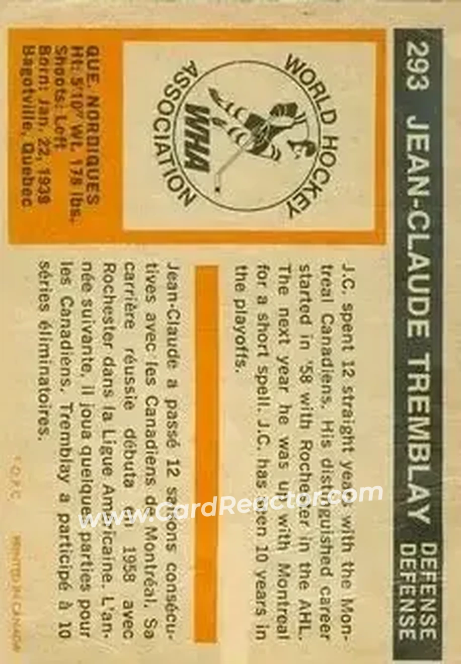 1972-73 O-Pee-Chee #293 - Jean-Claude Tremblay - Quebec Nordiques - Back