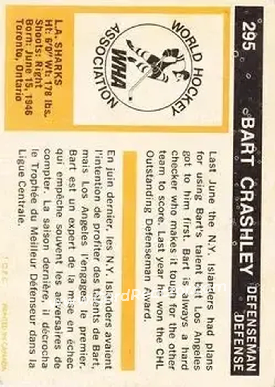 1972-73 O-Pee-Chee #295 - Bart Crashley - Los Angeles Sharks - Back