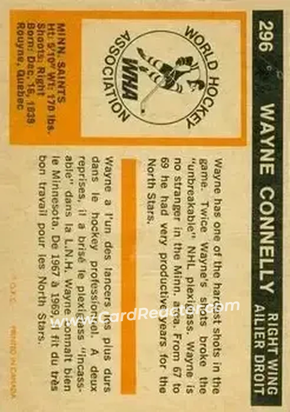 1972-73 O-Pee-Chee #296 - Wayne Connelly - Minnesota Fighting Saints - Back