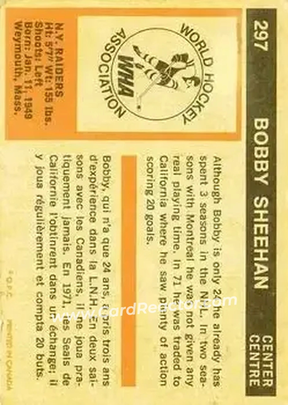 1972-73 O-Pee-Chee #297 - Bobby Sheehan - New York Raiders - Back