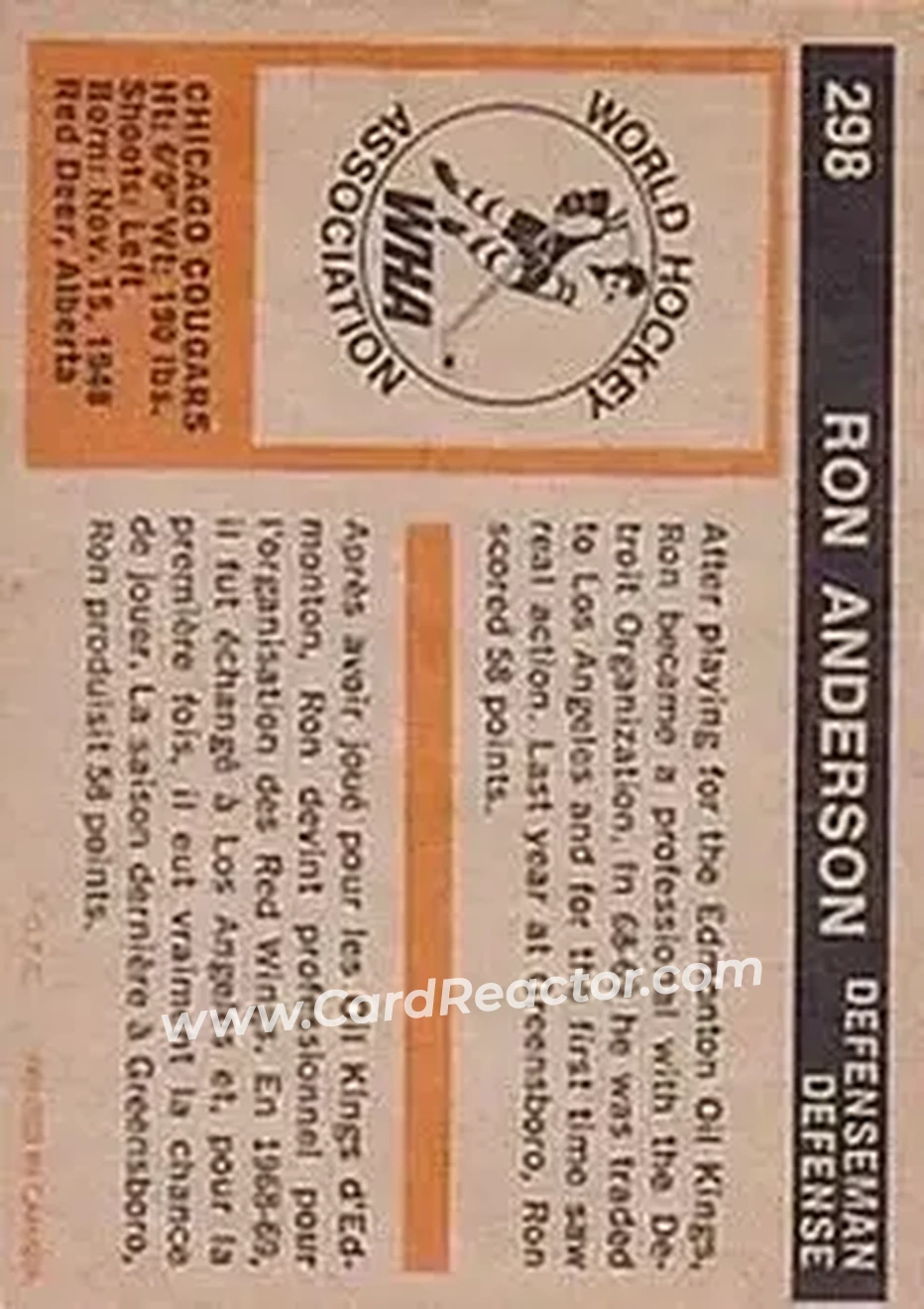 1972-73 O-Pee-Chee #298 - Ron Anderson - Chicago Cougars - Back 1972-73 O-Pee-Chee #298 - Ron Anderson - Chicago Cougars - Back