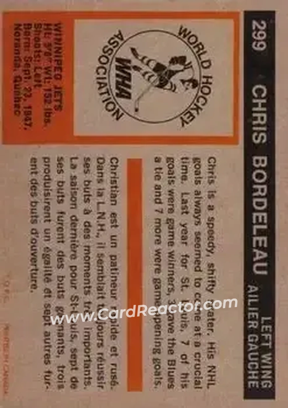 1972-73 O-Pee-Chee #299 - Christian Bordeleau - Winnipeg Jets - Back 1972-73 O-Pee-Chee #299 - Christian Bordeleau - Winnipeg Jets - Back
