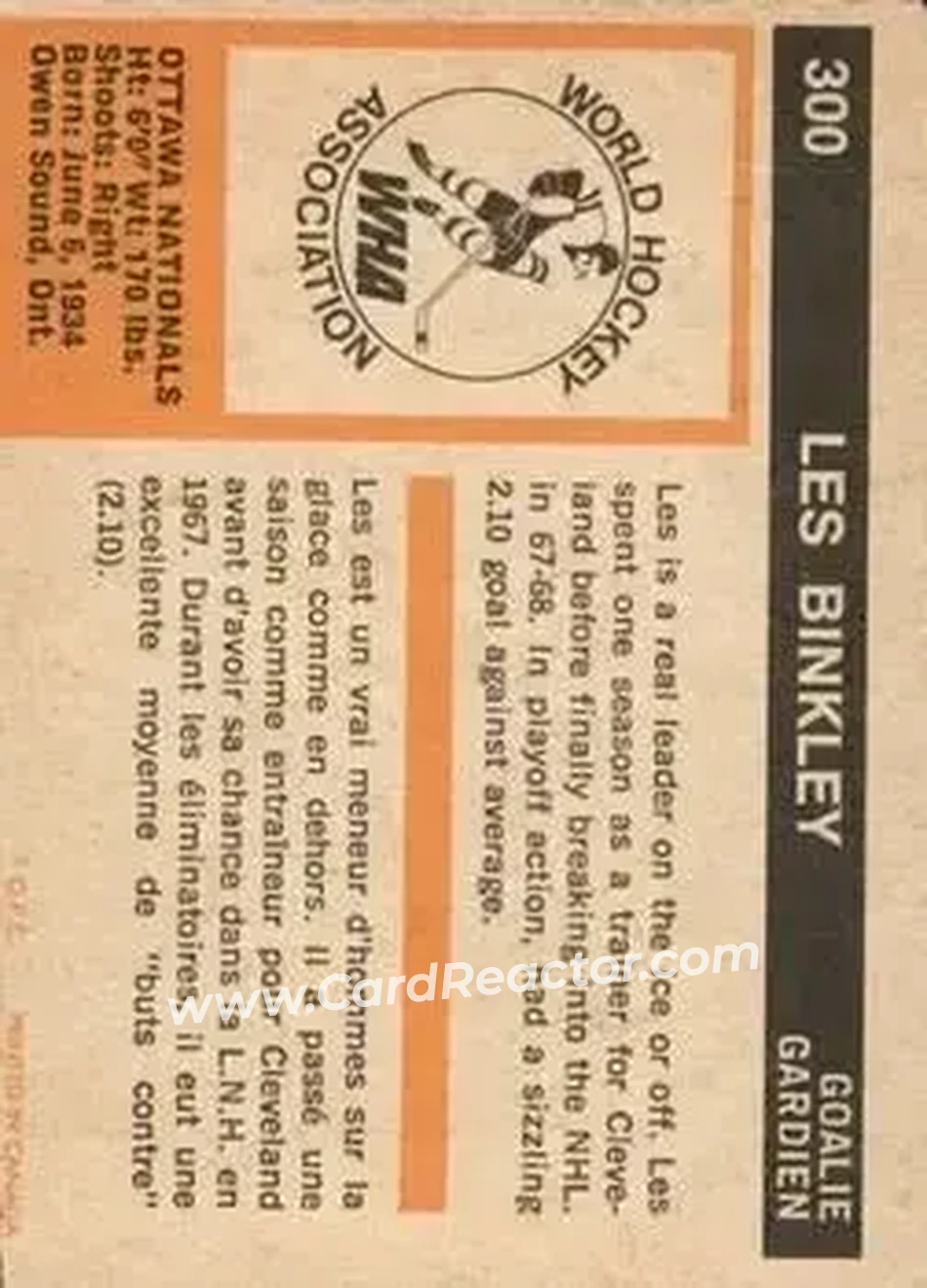 1972-73 O-Pee-Chee #300 - Les Binkley - Ottawa Nationals - Back
