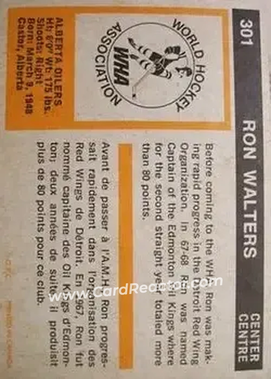 1972-73 O-Pee-Chee #301 - Ron Walters - Alberta Oilers - Back