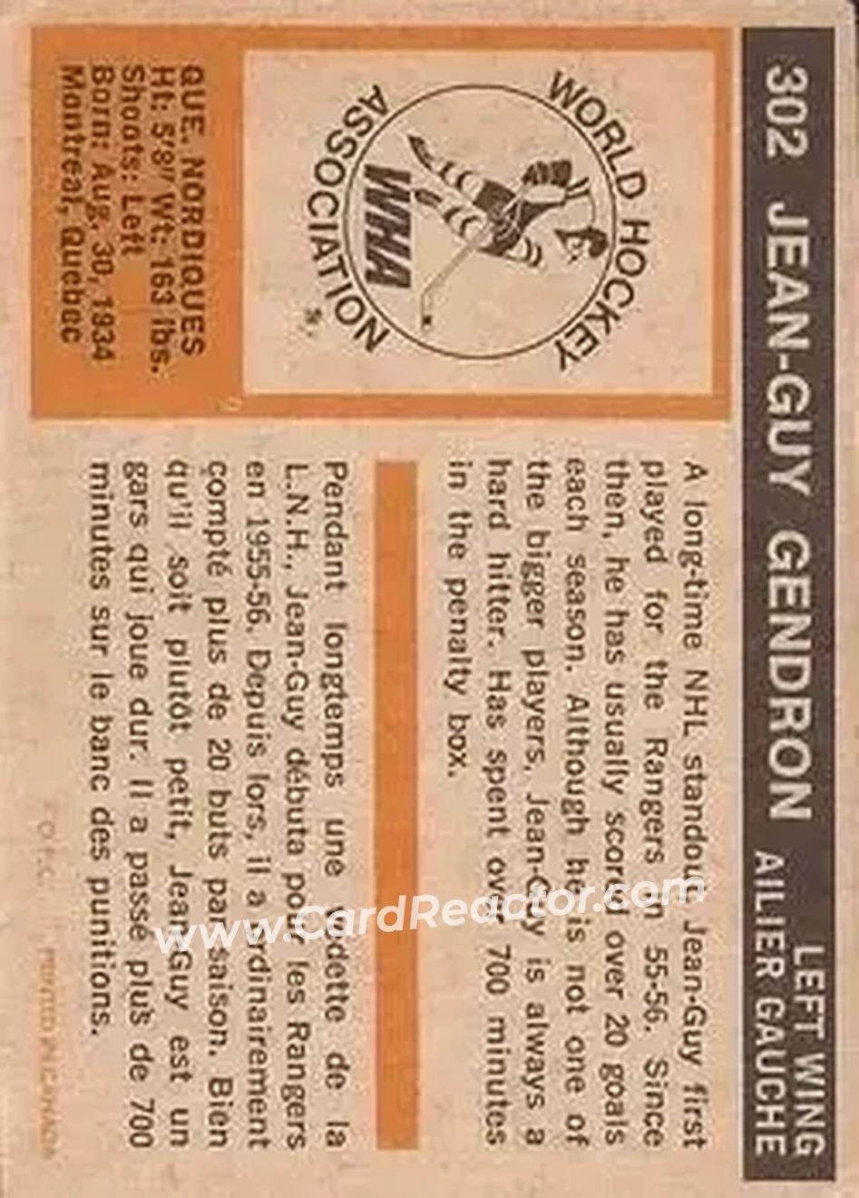 1972-73 O-Pee-Chee #302 - Jean-Guy Gendron - Quebec Nordiques - Back