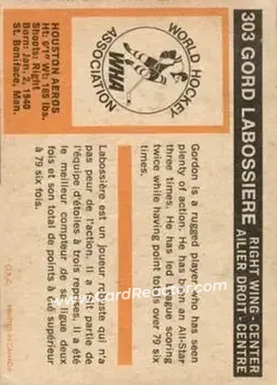 1972-73 O-Pee-Chee #303 - Gordon Labossiere - Houston Aeros - Back