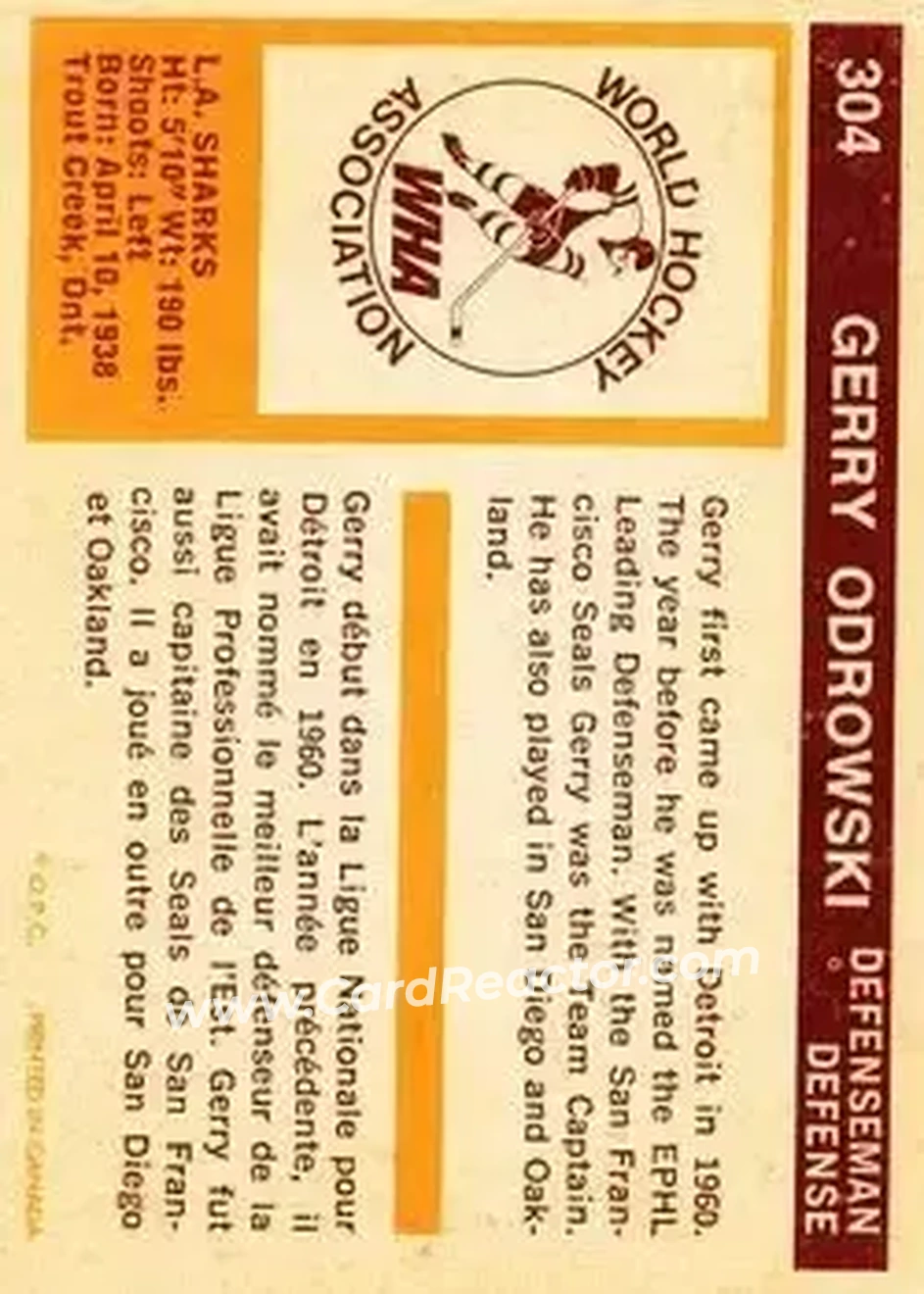 1972-73 O-Pee-Chee #304 - Gerry Odrowski - Los Angeles Sharks - Back