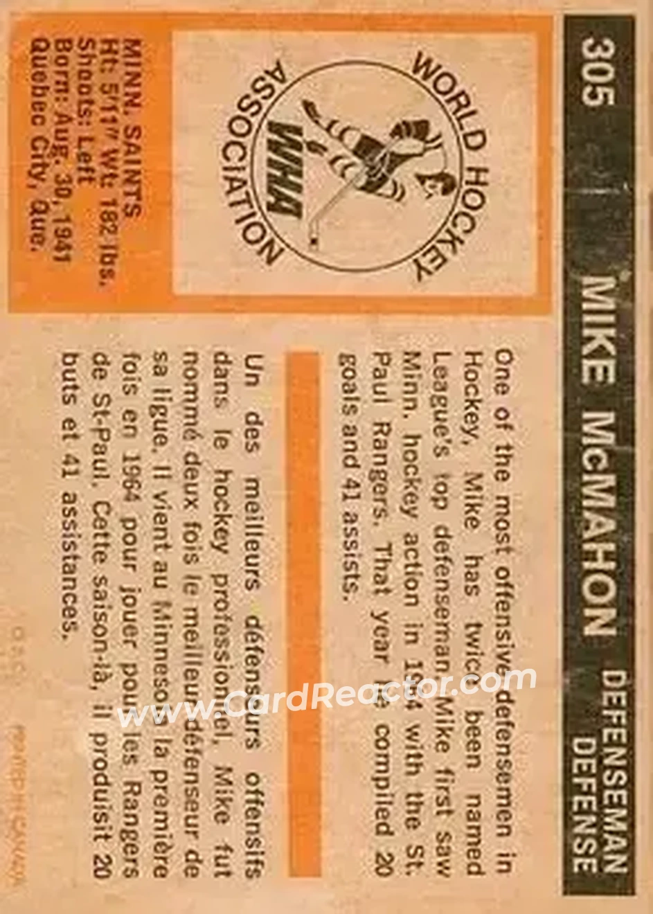 1972-73 O-Pee-Chee #305 - Mike McMahon - Minnesota Fighting Saints - Back 1972-73 O-Pee-Chee #305 - Mike McMahon - Minnesota Fighting Saints - Back