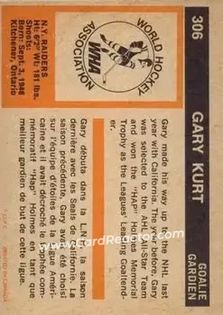 1972-73 O-Pee-Chee #306 - Gary Kurt - New York Raiders - Back