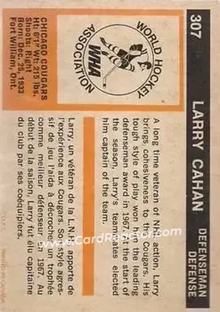 1972-73 O-Pee-Chee #307 - Larry Cahan - Chicago Cougars - Back 1972-73 O-Pee-Chee #307 - Larry Cahan - Chicago Cougars - Back