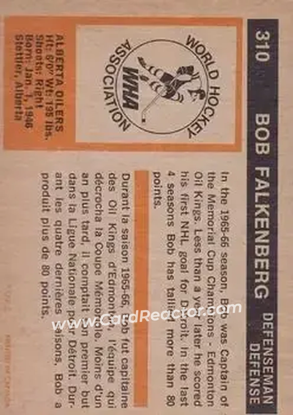 1972-73 O-Pee-Chee #310 - Bob Falkenberg - Alberta Oilers - Back