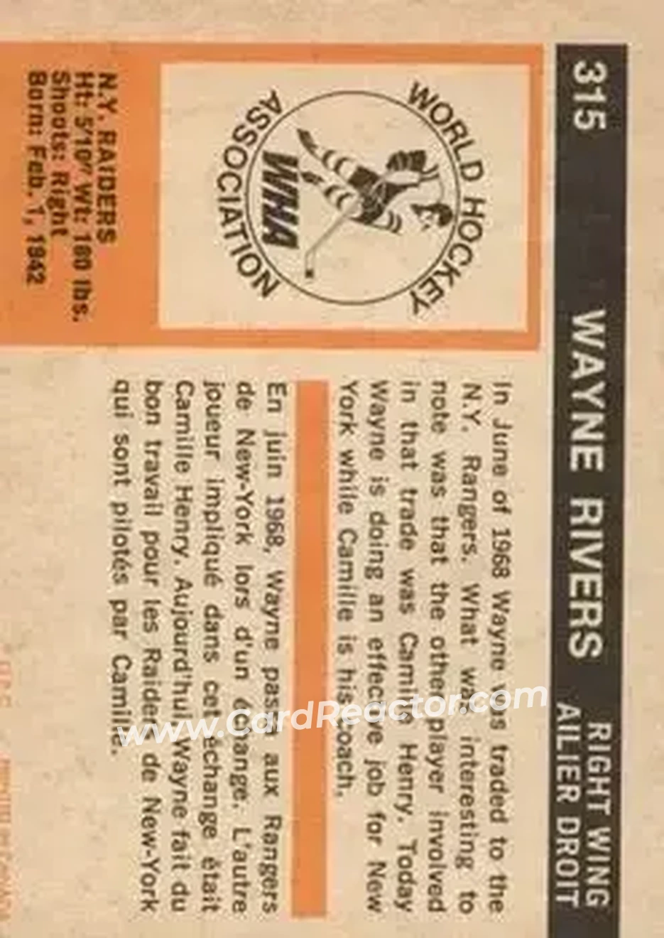 1972-73 O-Pee-Chee #315 - Wayne Rivers - New York Raiders - Back