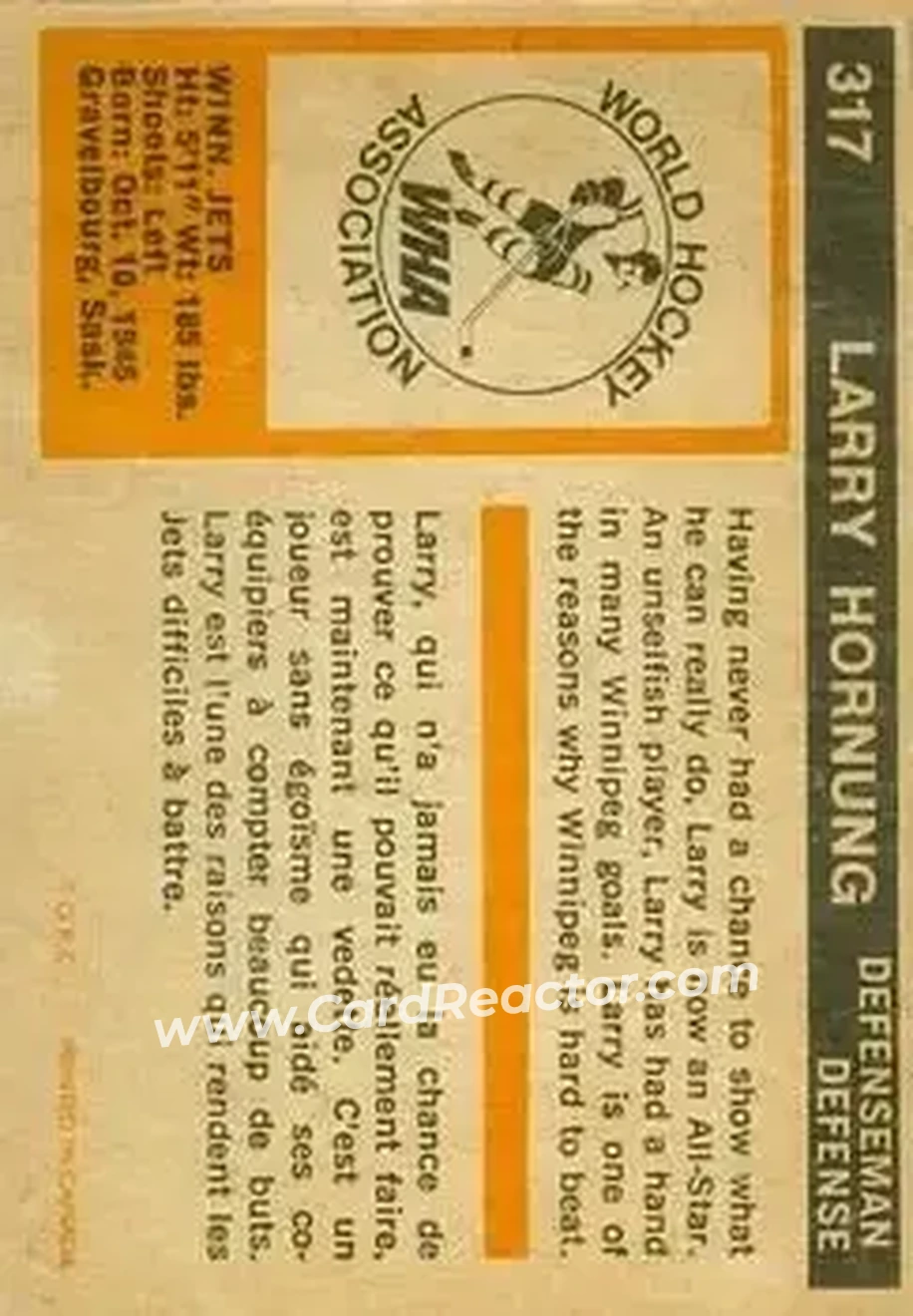 1972-73 O-Pee-Chee #317 - Larry Hornung - Winnipeg Jets - Back 1972-73 O-Pee-Chee #317 - Larry Hornung - Winnipeg Jets - Back