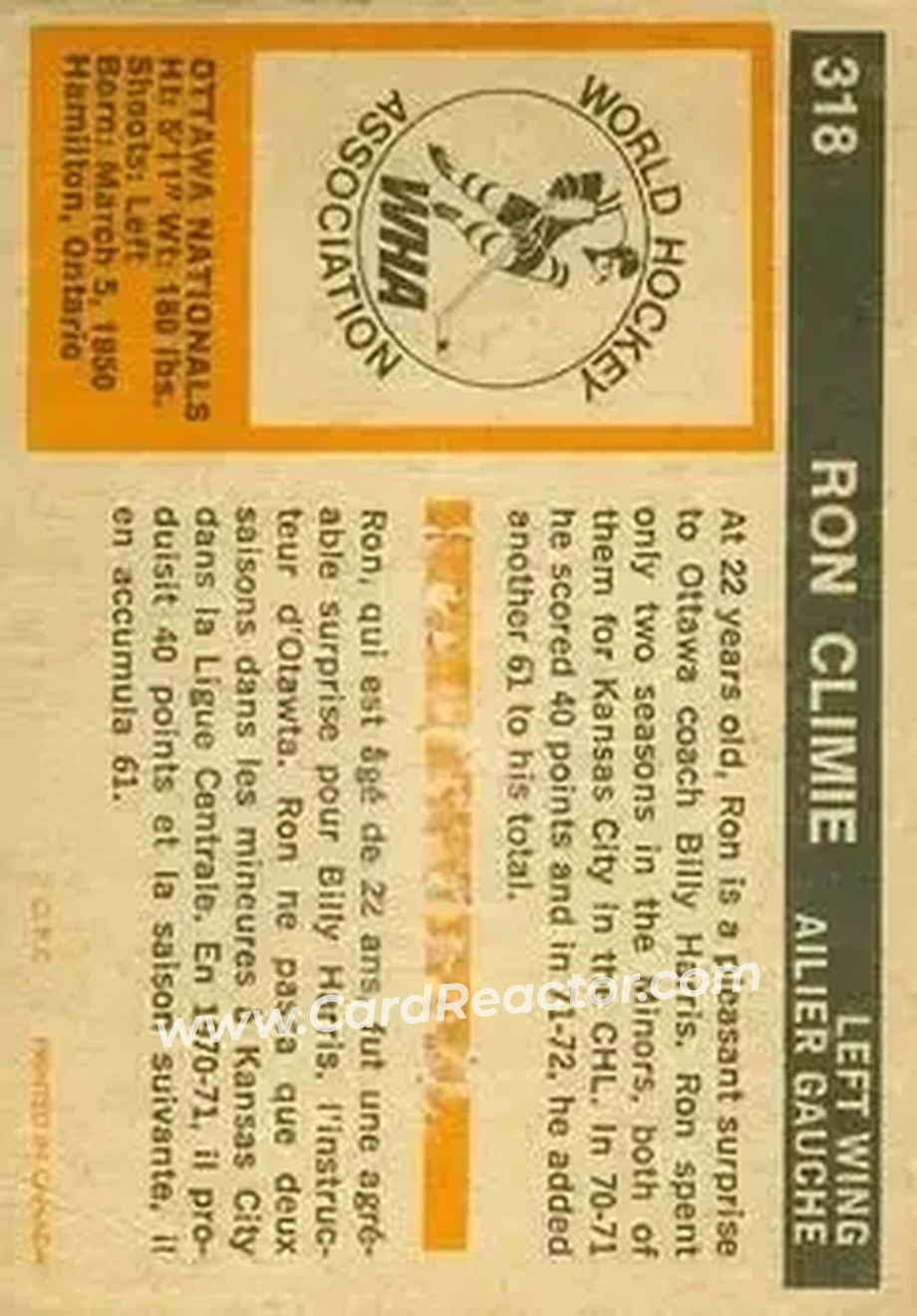 1972-73 O-Pee-Chee #318 - Ron Climie - Ottawa Nationals - Back 1972-73 O-Pee-Chee #318 - Ron Climie - Ottawa Nationals - Back