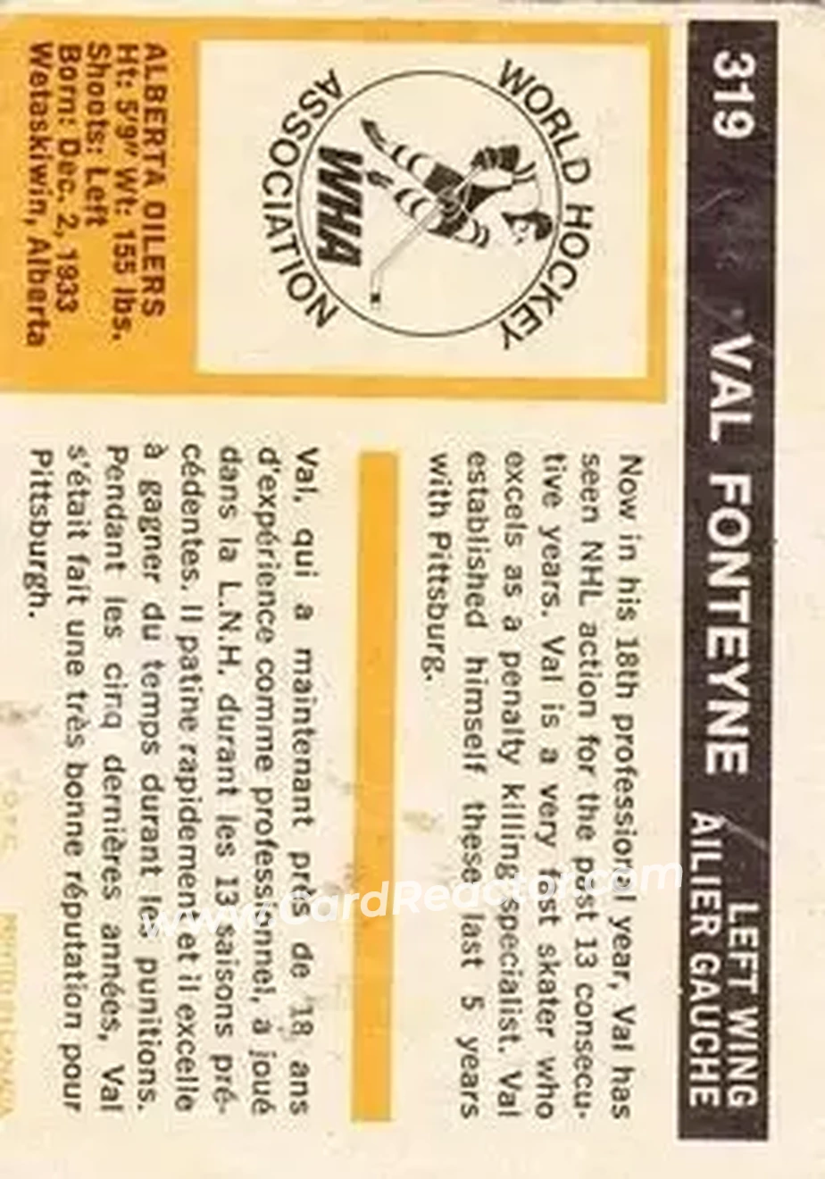 1972-73 O-Pee-Chee #319 - Val Fonteyne - Alberta Oilers - Back