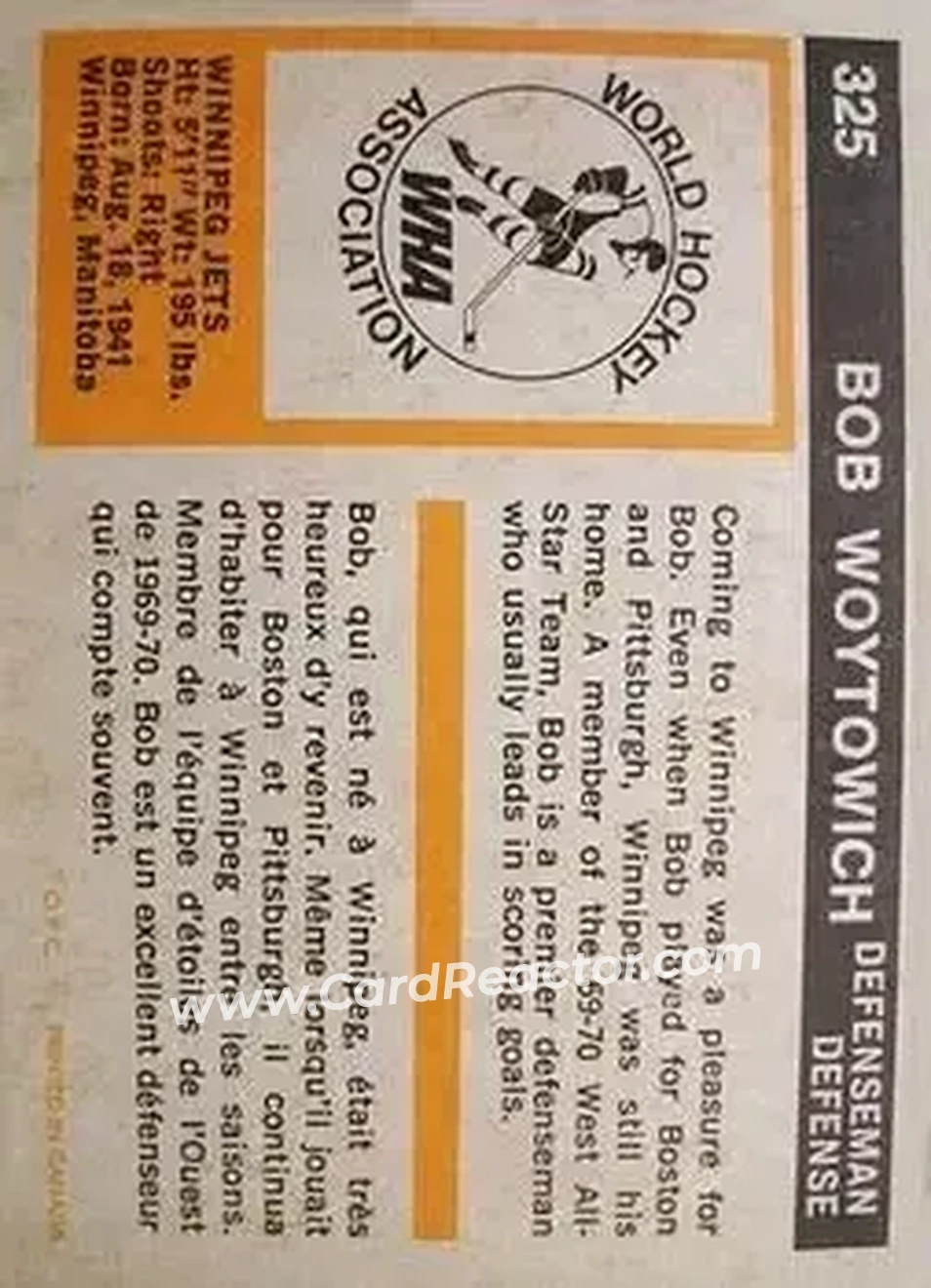 1972-73 O-Pee-Chee #325 - Bob Woytowich - Winnipeg Jets - Back