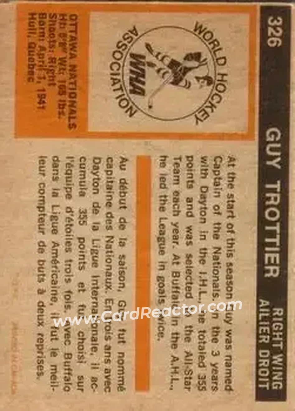 1972-73 O-Pee-Chee #326 - Guy Trottier - Ottawa Nationals - Back 1972-73 O-Pee-Chee #326 - Guy Trottier - Ottawa Nationals - Back