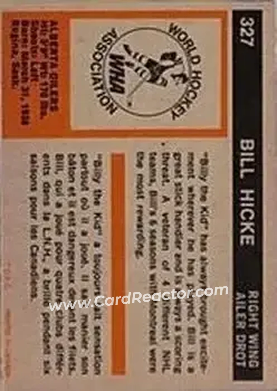 1972-73 O-Pee-Chee #327 - Bill Hicke - Alberta Oilers - Back