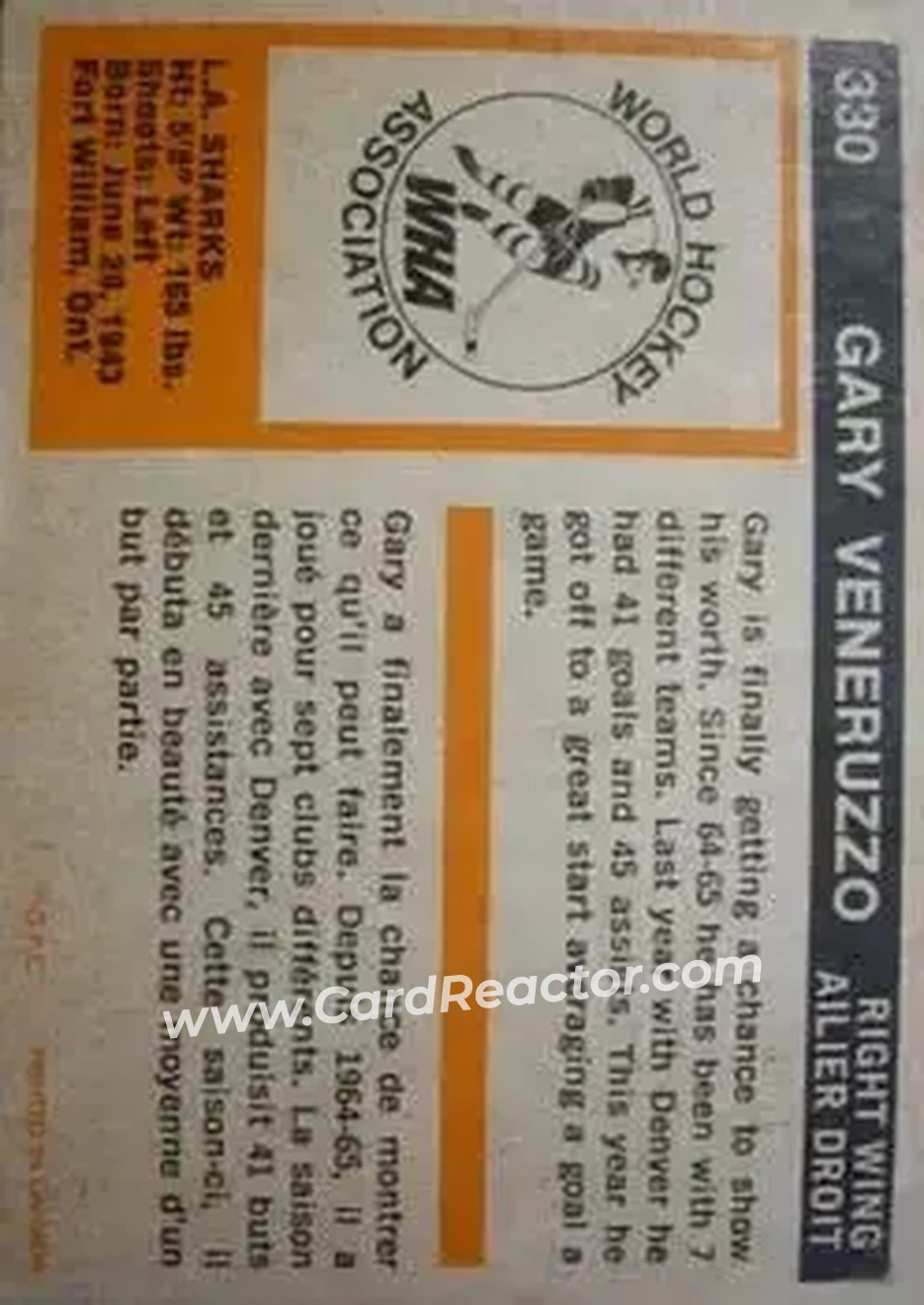 1972-73 O-Pee-Chee #330 - Gary Veneruzzo - Los Angeles Sharks - Back