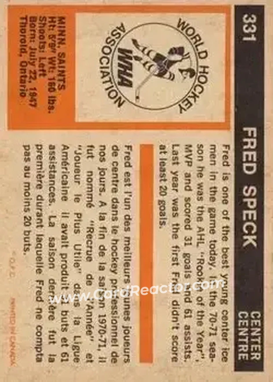 1972-73 O-Pee-Chee #331 - Fred Speck - Minnesota Fighting Saints - Back 1972-73 O-Pee-Chee #331 - Fred Speck - Minnesota Fighting Saints - Back