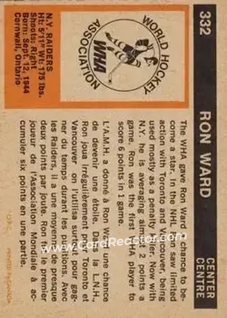 1972-73 O-Pee-Chee #332 - Ron Ward - New York Raiders - Back