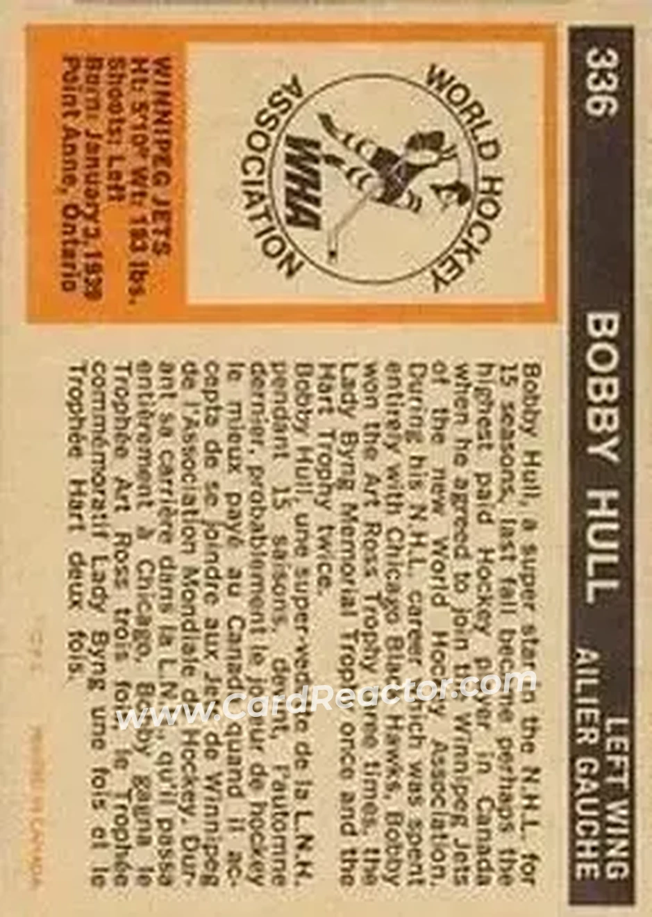 1972-73 O-Pee-Chee #336 - Bobby Hull - Winnipeg Jets - Back