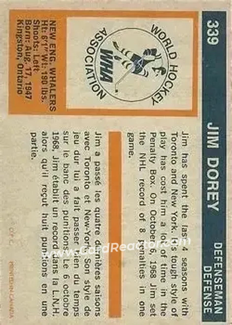 1972-73 O-Pee-Chee #339 - Jim Dorey - New England Whalers - Back