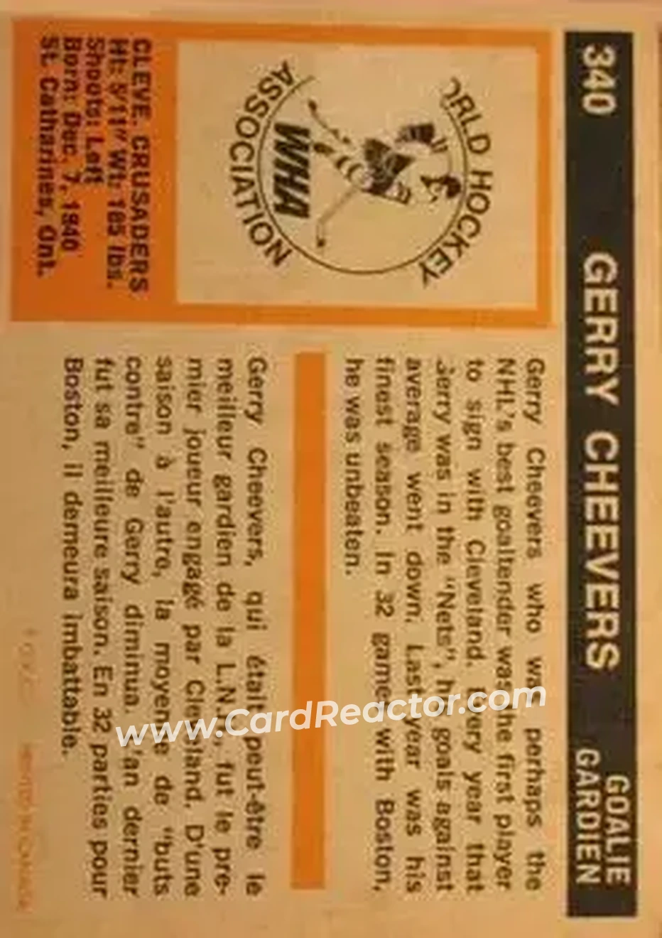1972-73 O-Pee-Chee #340 - Gerry Cheevers - Cleveland Crusaders - Back 1972-73 O-Pee-Chee #340 - Gerry Cheevers - Cleveland Crusaders - Back