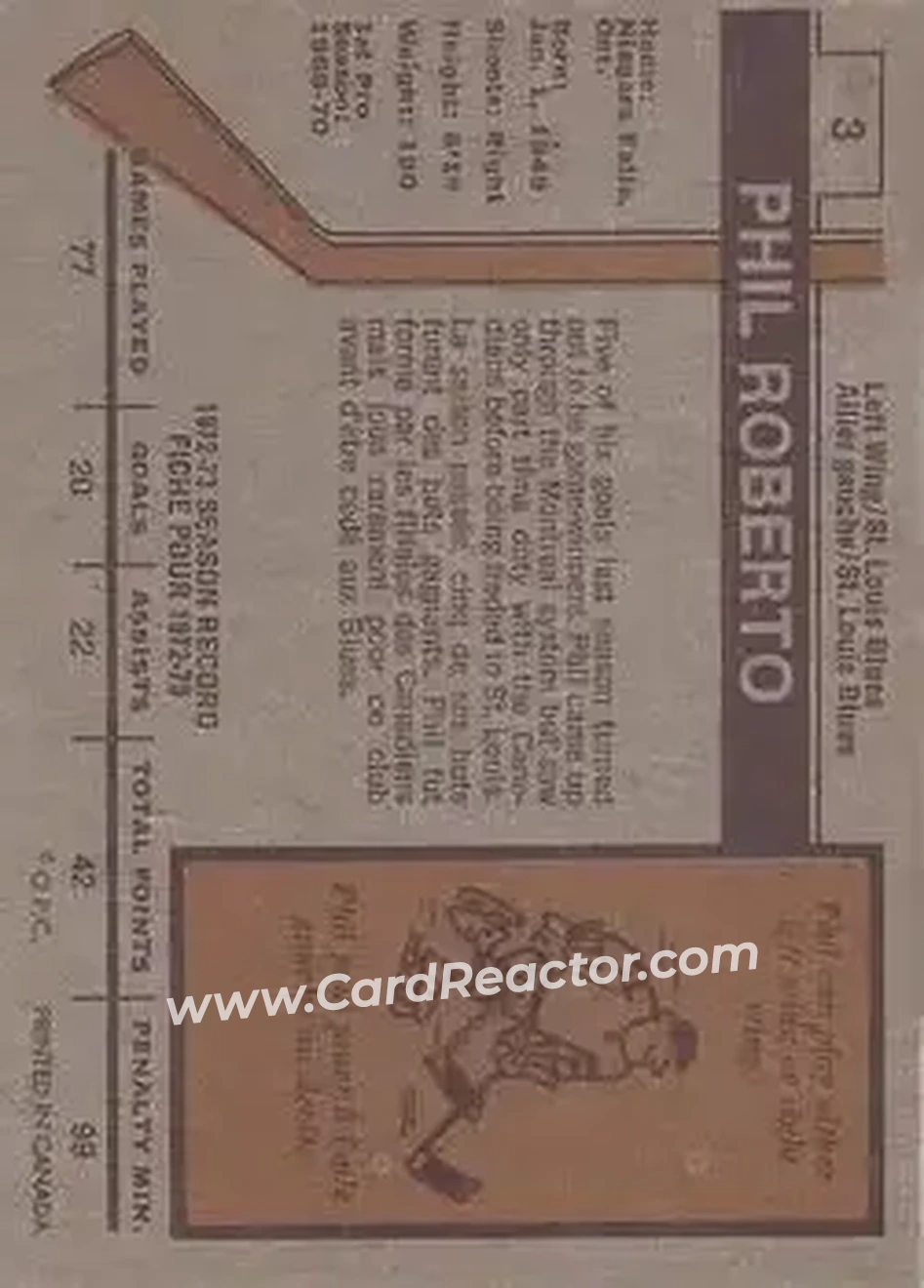 1973-74 O-Pee-Chee #3 - Phil Roberto - St. Louis Blues - Back 1973-74 O-Pee-Chee #3 - Phil Roberto - St. Louis Blues - Back