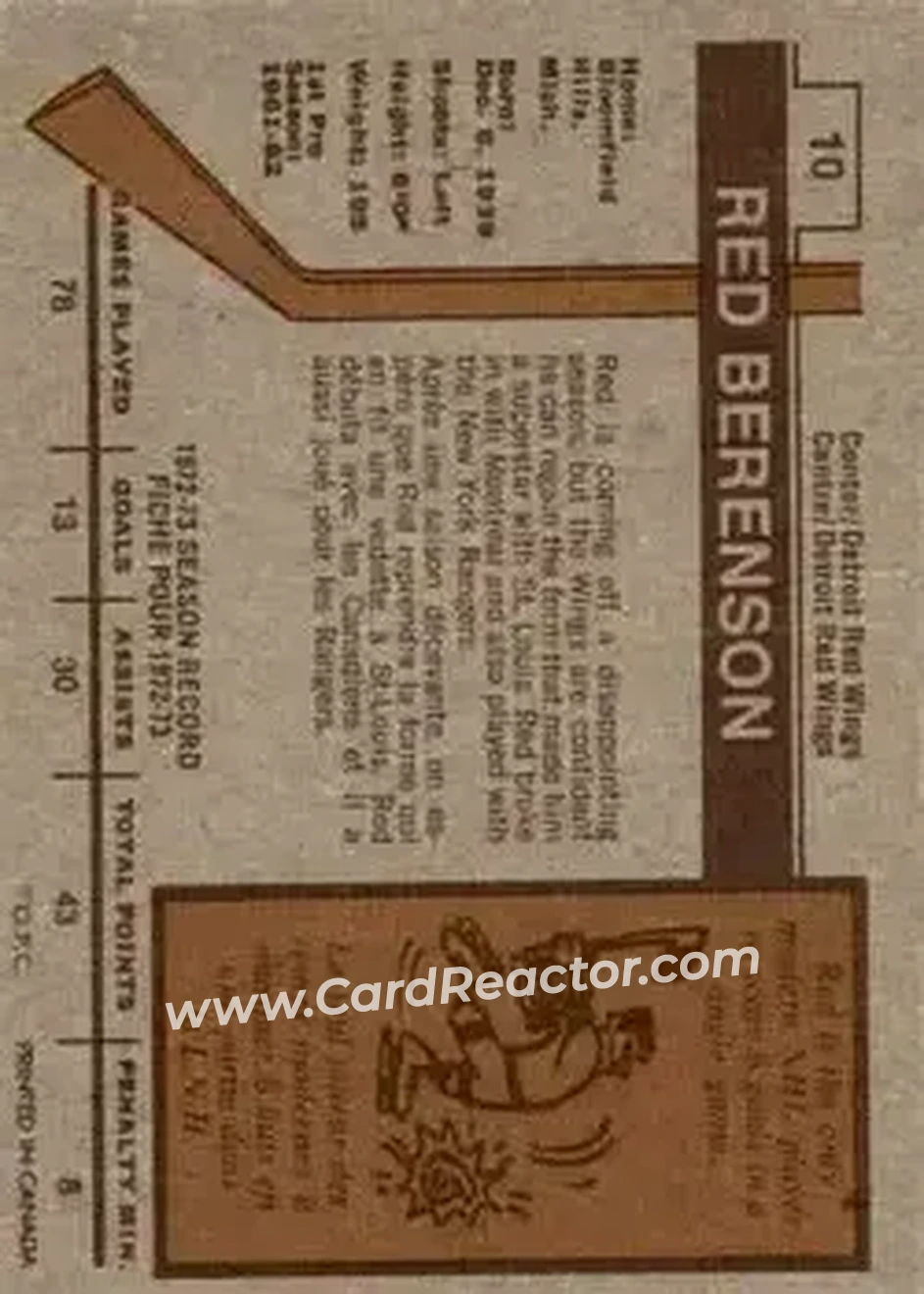 1973-74 O-Pee-Chee #10 - Red Berenson - Detroit Red Wings - Back