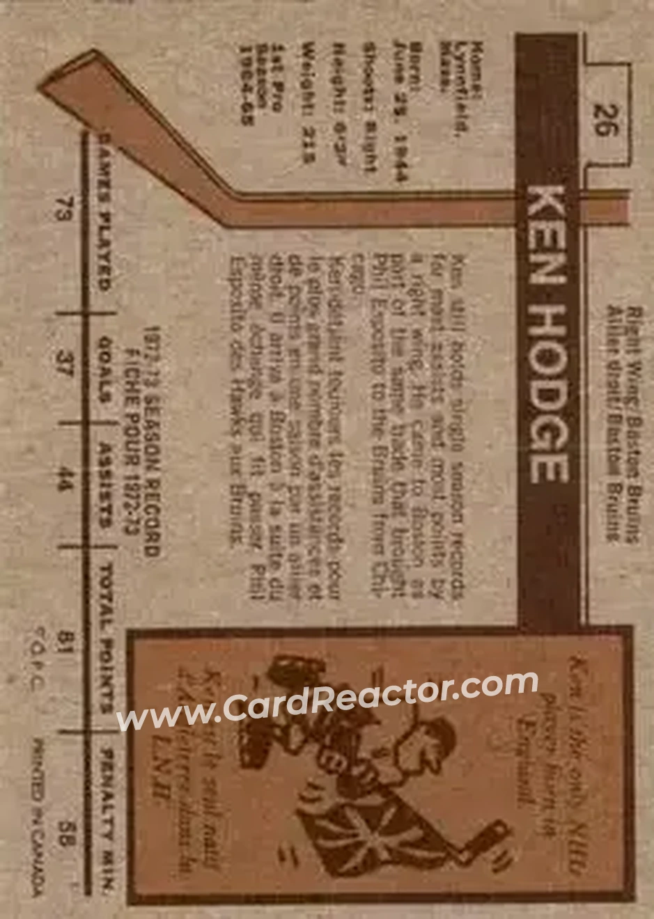 1973-74 O-Pee-Chee #26 - Kenny Hodge - Boston Bruins - Back