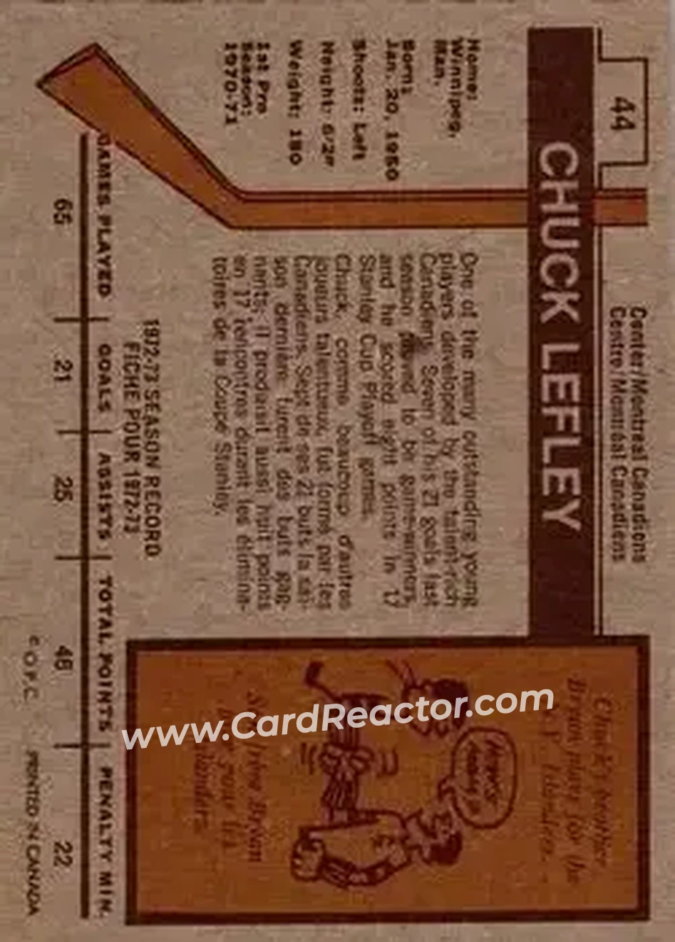 1973-74 O-Pee-Chee #44 - Chuck Lefley - Montreal Canadiens - Back