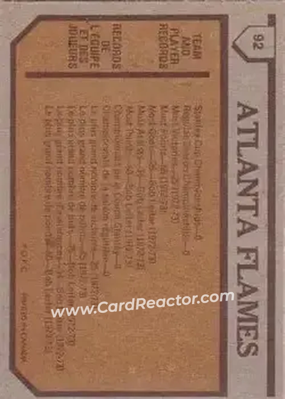 1973-74 O-Pee-Chee #92 - Atlanta Flames TC - Atlanta Flames - Atlanta Flames - Back