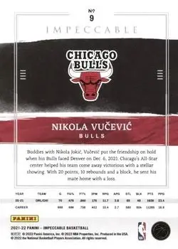 2021-22 Panini Impeccable #9 - Nikola Vučević - Chicago Bulls - Back