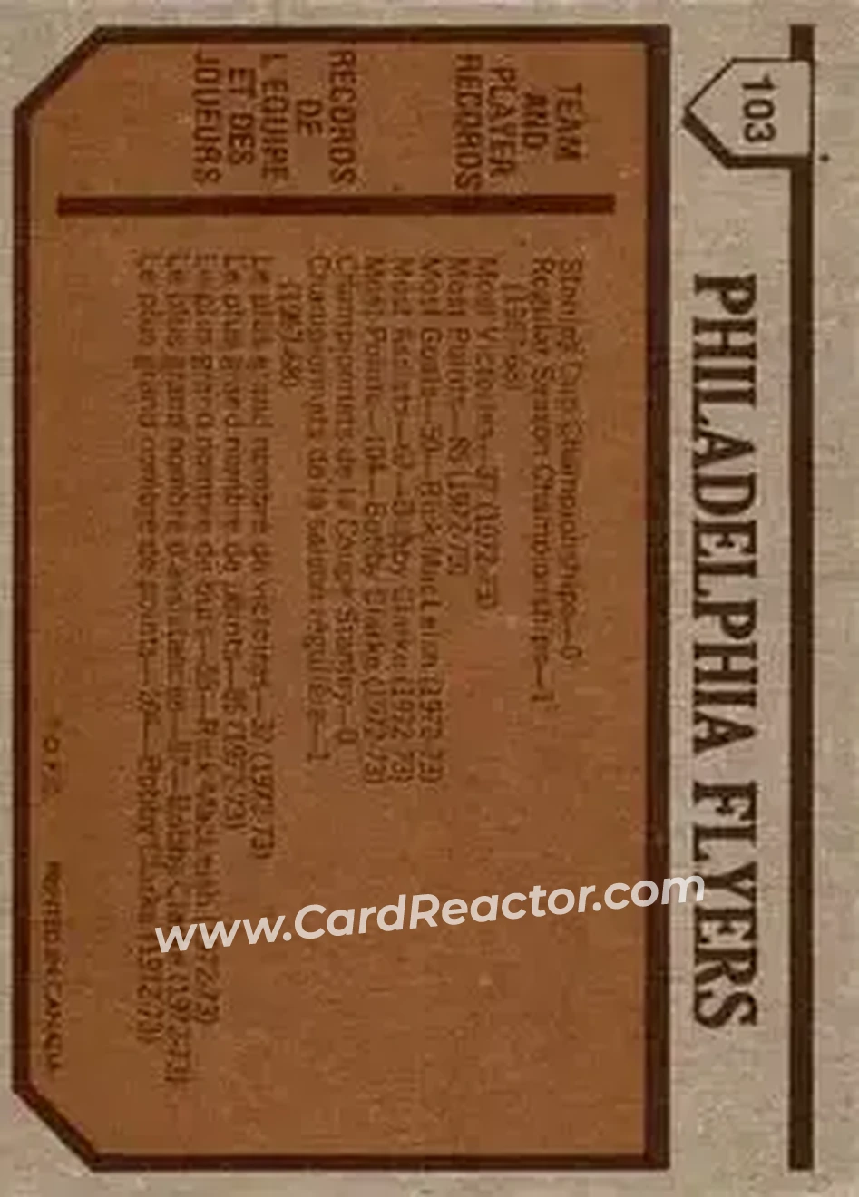 1973-74 O-Pee-Chee #103 - Flyers Team TC - Philadelphia Flyers - Philadelphia Flyers - Back