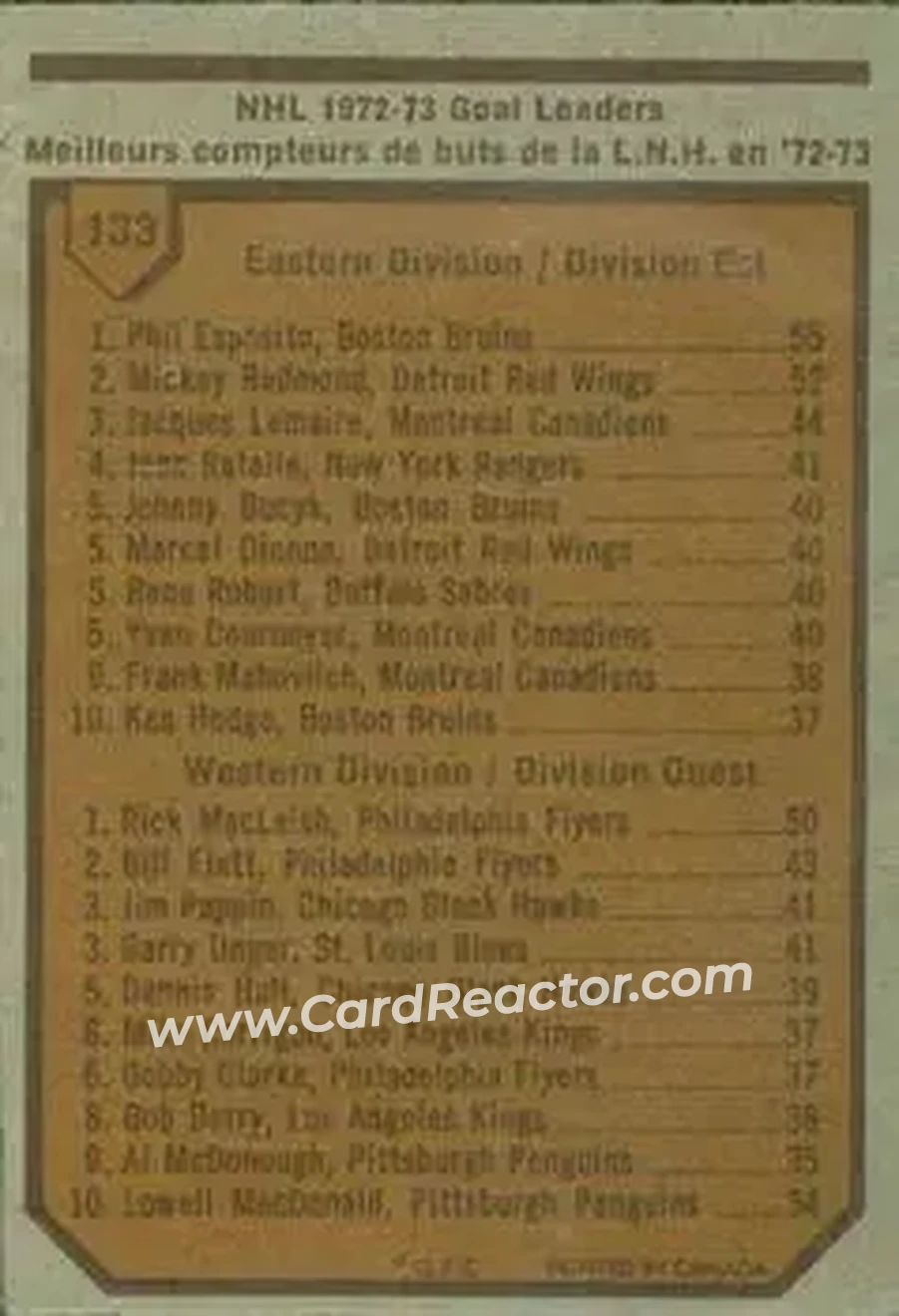 1973-74 O-Pee-Chee #133 - 1972-73 Goal Leaders (Phil Esposito - Rick MacLeish) LL - Boston Bruins - Philadelphia Flyers - Back