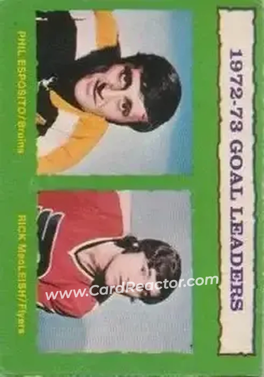 1973-74 O-Pee-Chee #133 - 1972-73 Goal Leaders (Phil Esposito - Rick MacLeish) LL - Boston Bruins - Philadelphia Flyers - Front