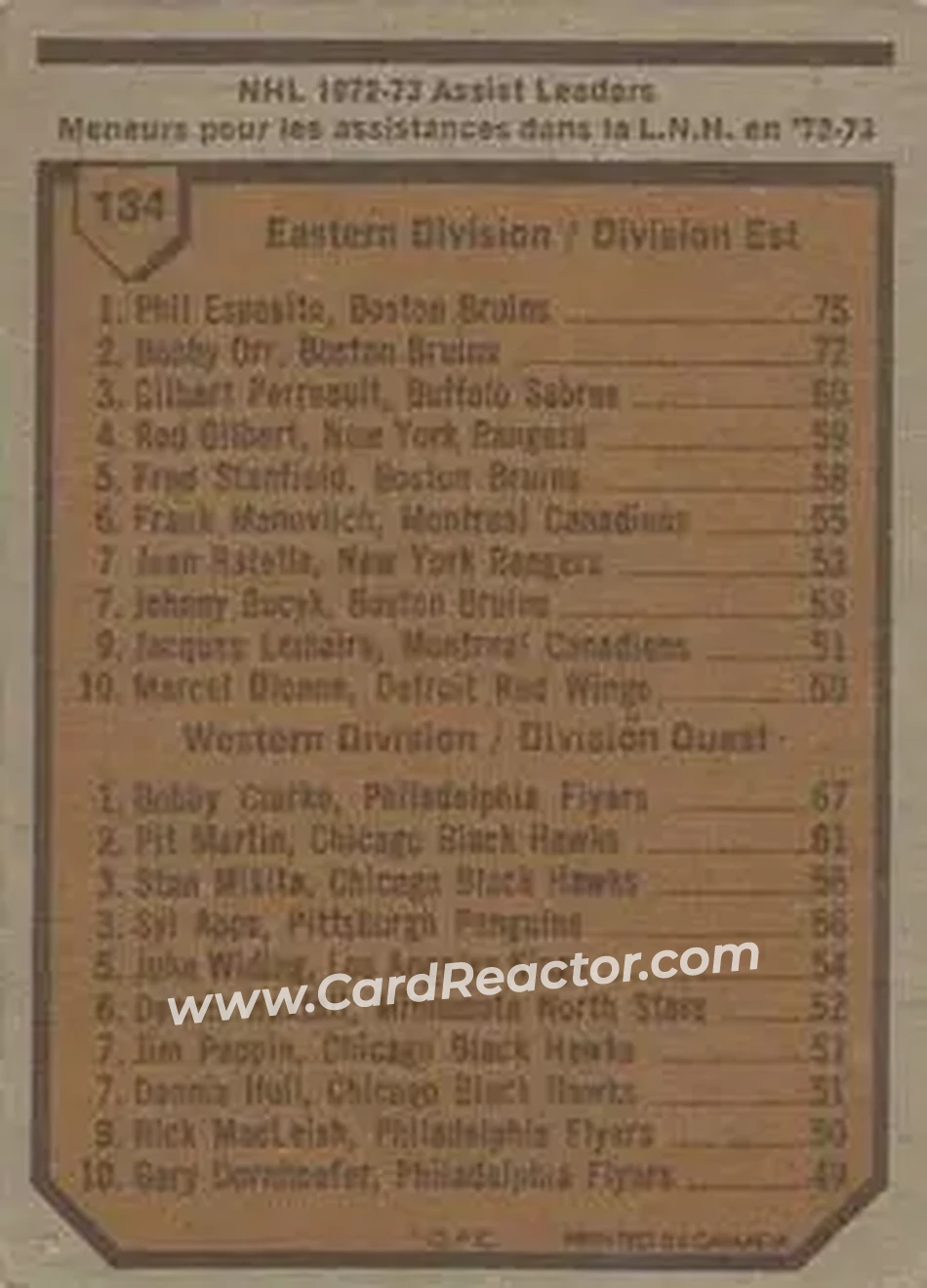 1973-74 O-Pee-Chee #134 - 1972-73 Assist Leaders (Phil Esposito - Bobby Clarke) LL - Boston Bruins - Philadelphia Flyers - Back