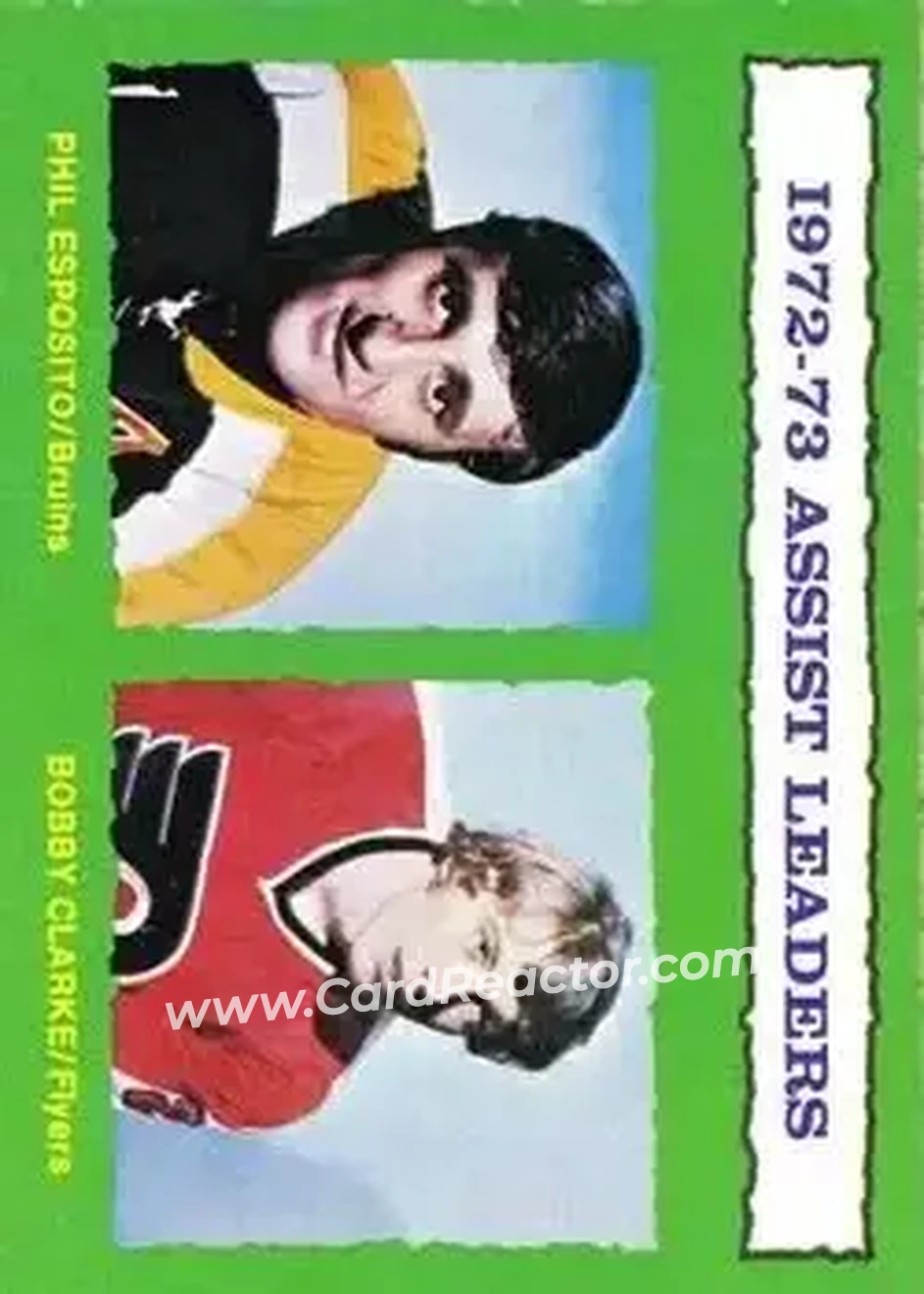 1973-74 O-Pee-Chee #134 - 1972-73 Assist Leaders (Phil Esposito - Bobby Clarke) LL - Boston Bruins - Philadelphia Flyers - Front