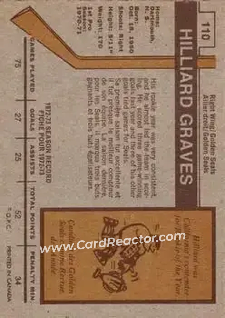 1973-74 O-Pee-Chee #110 - Hilliard Graves - California Golden Seals - Back 1973-74 O-Pee-Chee #110 - Hilliard Graves - California Golden Seals - Back