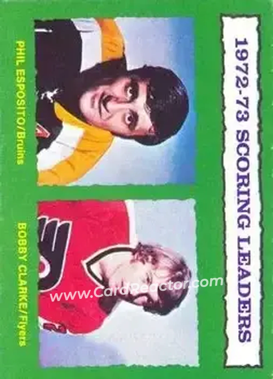 1973-74 O-Pee-Chee #135 - 1972-73 Scoring Leaders (Phil Esposito - Bobby Clarke) LL - Boston Bruins - Philadelphia Flyers - Front