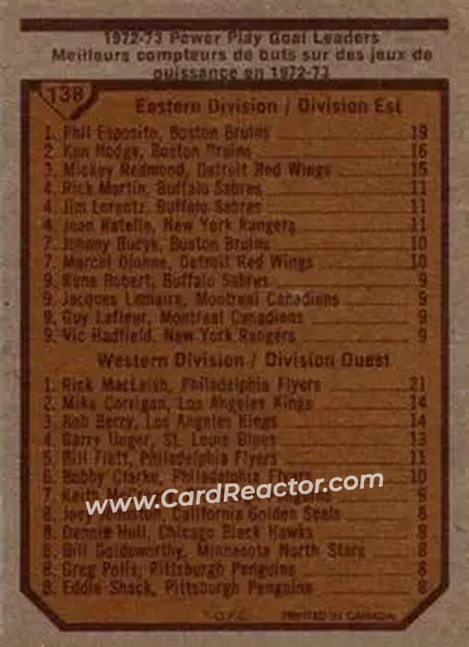 1973-74 O-Pee-Chee #138 - 1972-73 Power Play Goal Leaders (Phil Esposito - Rick MacLeish) LL - Boston Bruins - Philadelphia Flyers - Back
