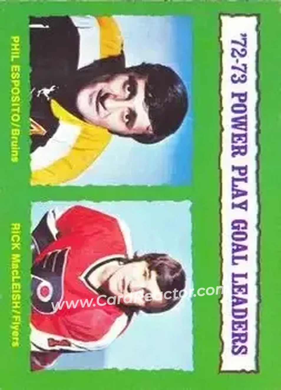 1973-74 O-Pee-Chee #138 - 1972-73 Power Play Goal Leaders (Phil Esposito - Rick MacLeish) LL - Boston Bruins - Philadelphia Flyers - Front
